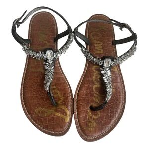 Sam Edelman Georgie Black Rhinestone T-Strap Slingback Thong Sandal